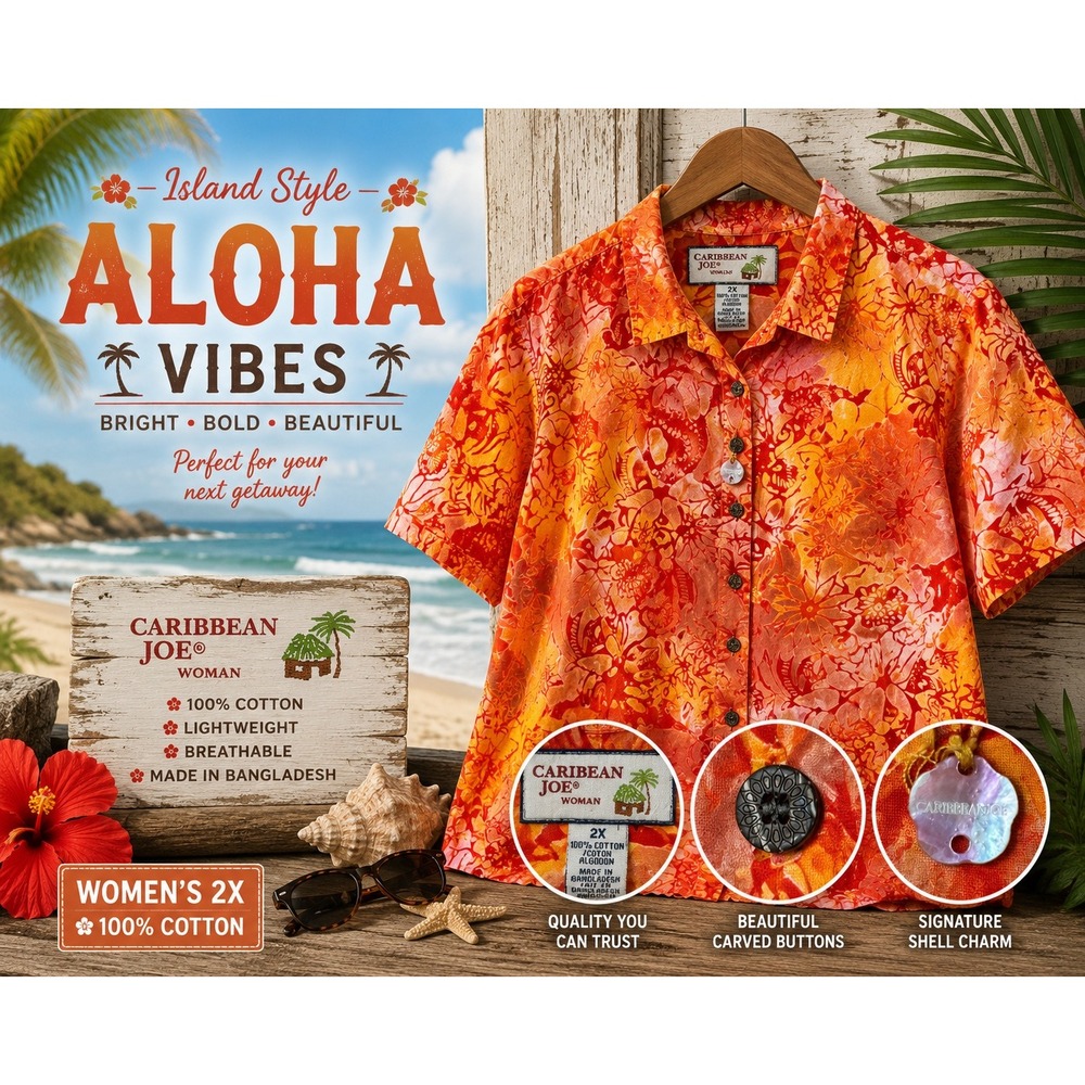 Caribbean Joe Women's 2X Hawaiian Floral Camp Shirt Orange 100% Cotton Tropical
